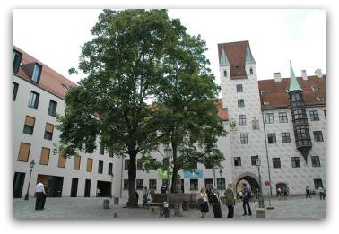 Alter Hof courtyard showing the historic Monkey Tower on the right side