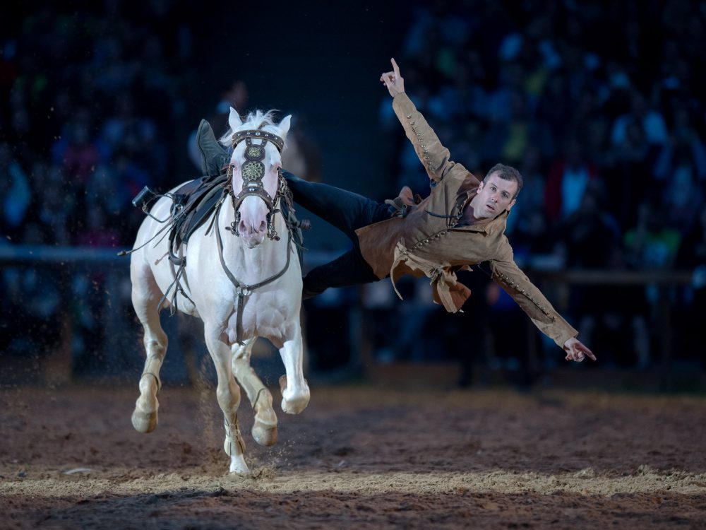 Side flying! Part of the arena show.