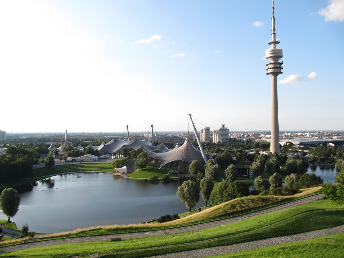 Olympiasee lake and Olympic Tower in the evening