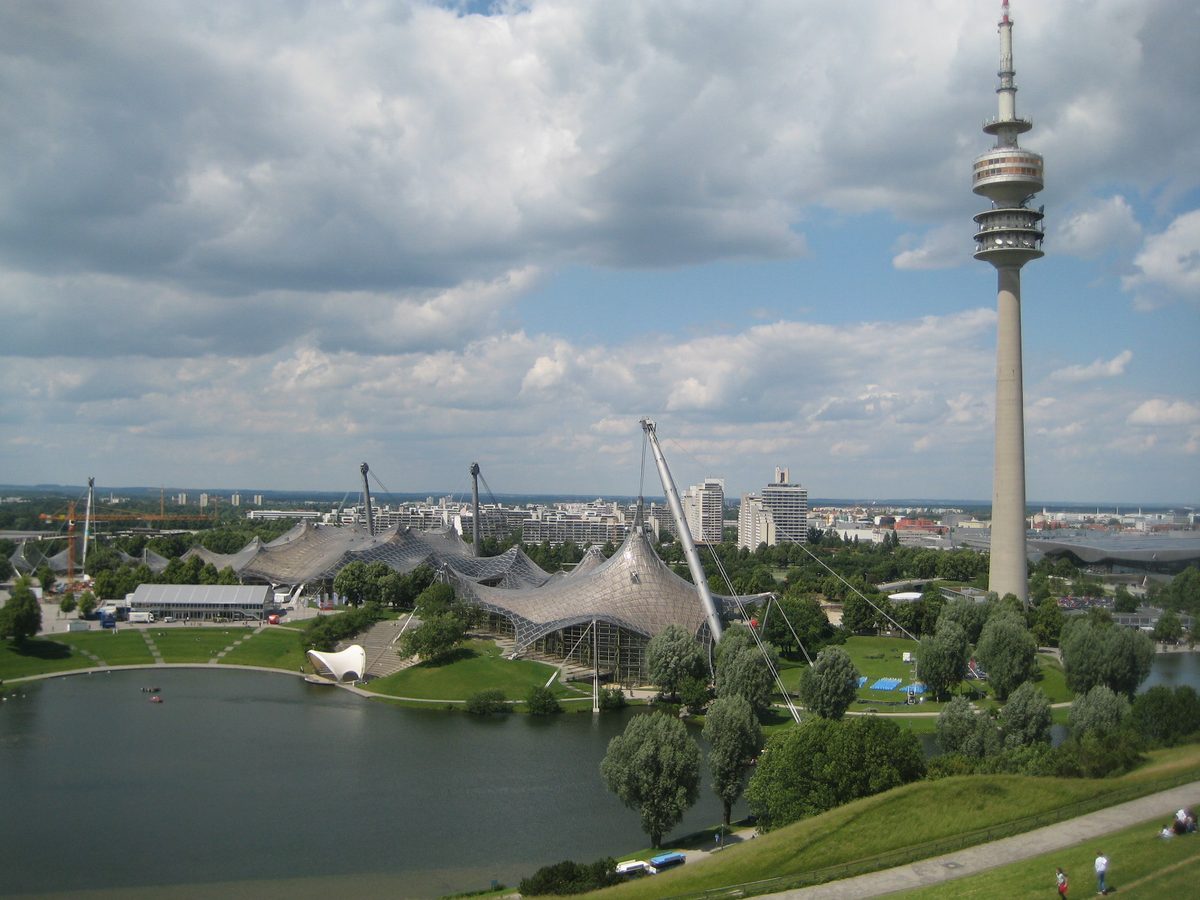 Munich Olympic Park with its tent roof and Olympic Tower