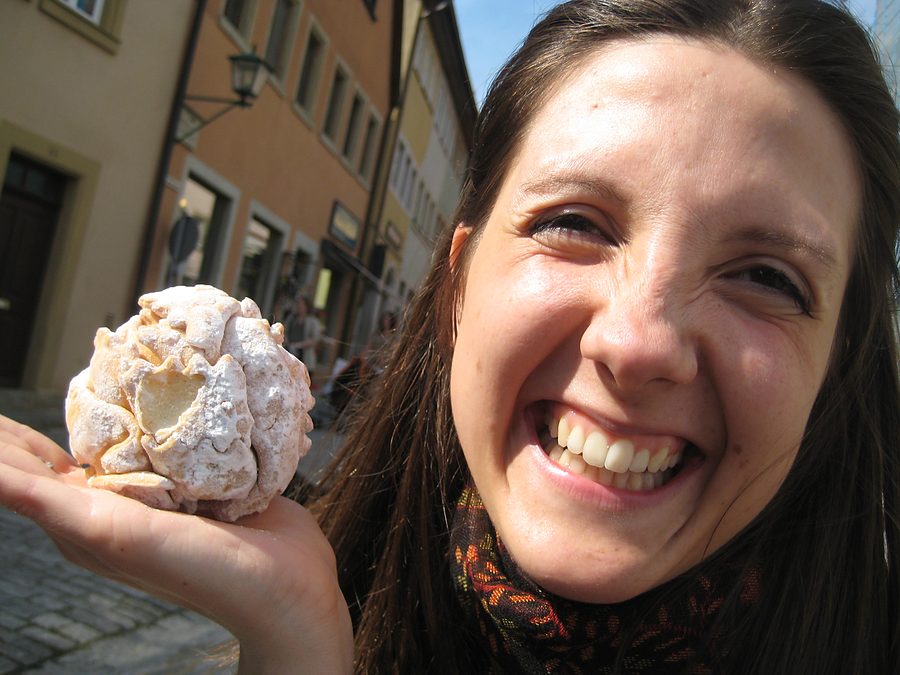 eating a schneeball in rothenburg